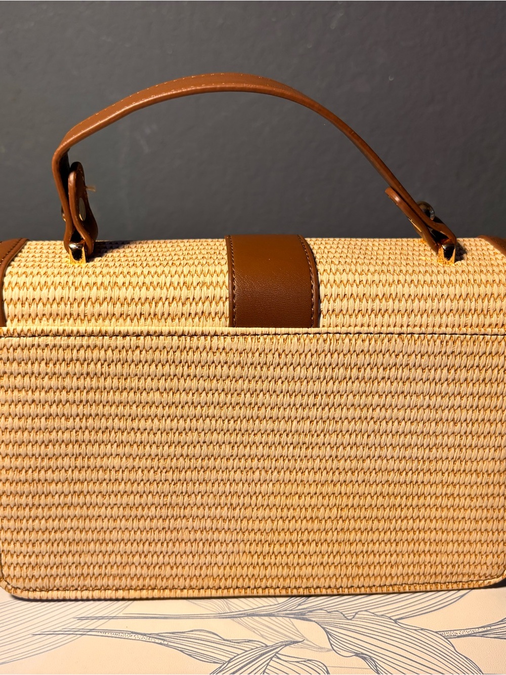 Woven Straw Top-Handle Bag with Brown Leather Trim - Picture 3 of 9